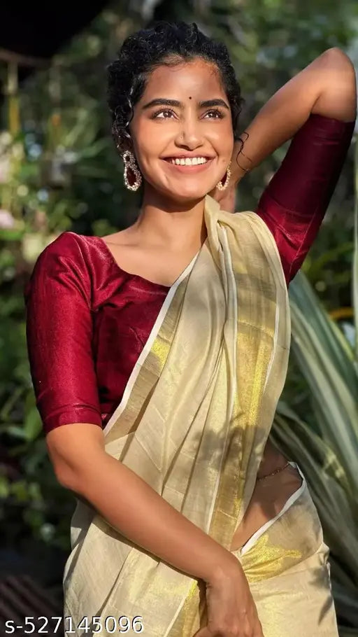 Onam Special Kerala Gold Tissue Cotton Saree | Kasavu Style with Zari Border