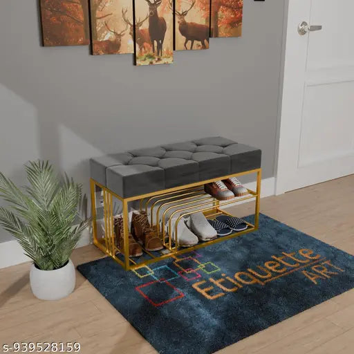 Upholstered End of Bed Bench with Shoe Storage | Black Metal Frame Ottoman Seating