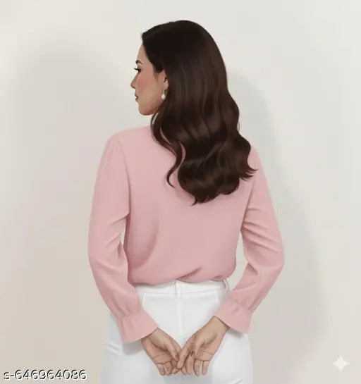 Women’s Korean Style V‑Neck Pink Georgette Top – Ruffled Sleeves