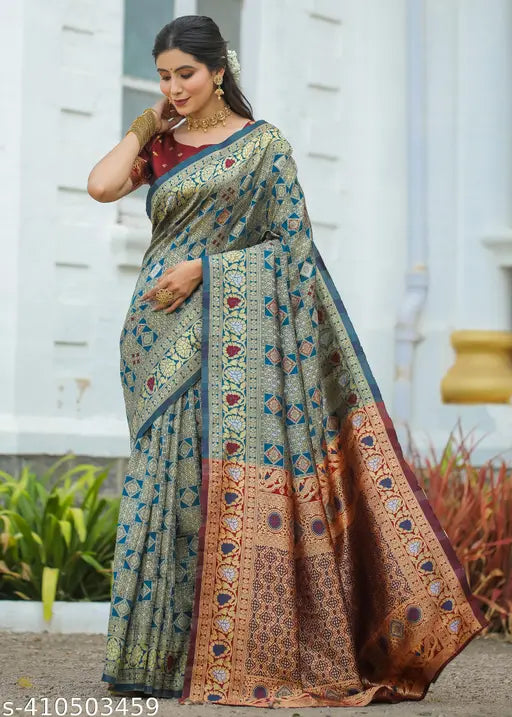 English Grey Cotton Silk Jacquard Saree – Banarasi Party Wear