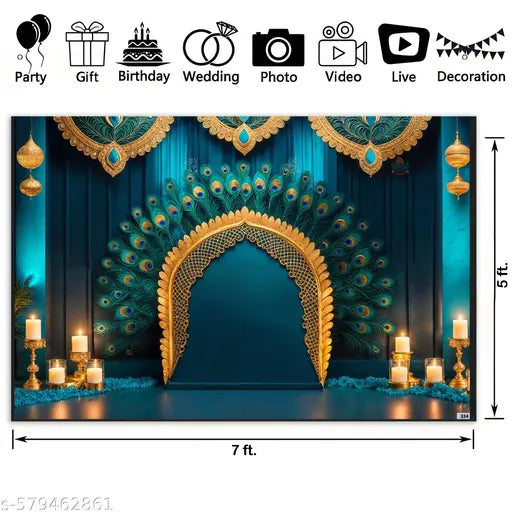 Onam Special Royal Peacock Backdrop | 5x7 ft Traditional Festive Décor Cloth