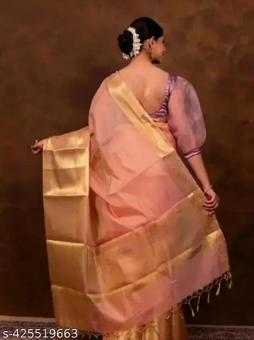 Wedding Anniversary Tissue Banarasi Pink Saree with Zari Border
