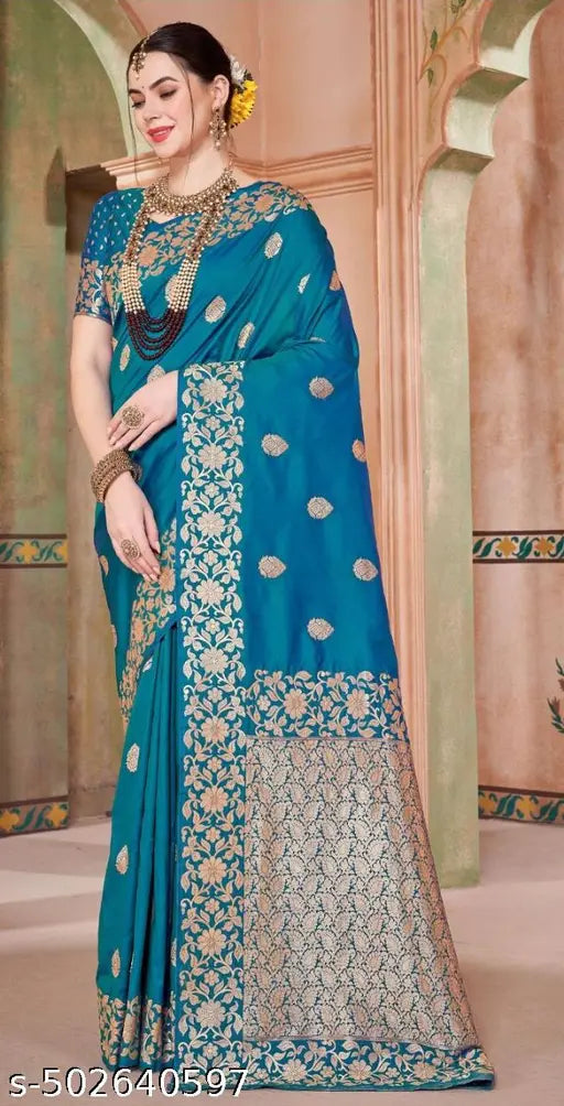 Sky Firozi Pure Banarasi Silk Saree – Handloom Floral Zari Work