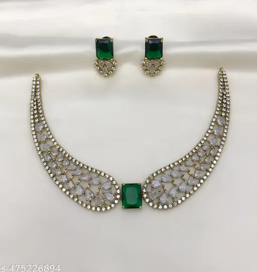 Gold Plated Kundan Cubic Zirconia Jewellery Set (Green)