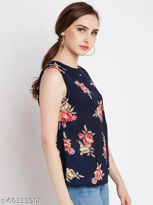 Women’s Floral Printed Sleeveless Polyester Top – Navy Blue