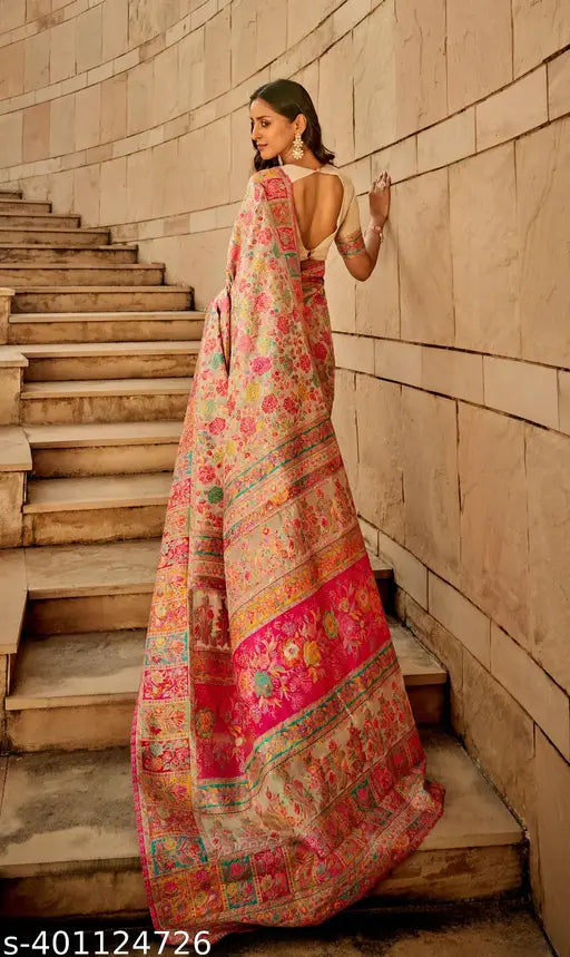 Cream Off‑White Pure Jamewar Kashmiri Modal Silk Saree