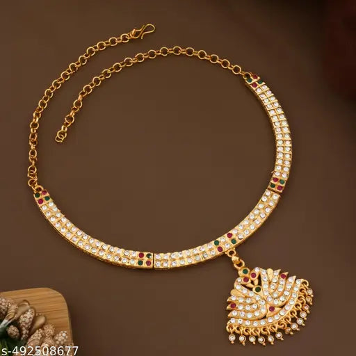Onam Special Brass Gold‑Plated Jewel Set | Necklace with CZ Stones