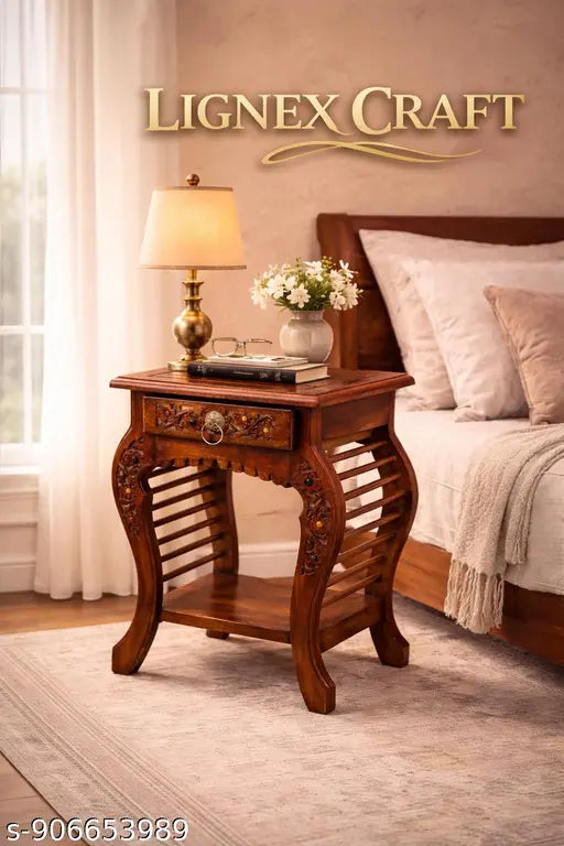 Solid Wood Bedside Table with Drawer | Handcrafted Antique Storage Nightstand