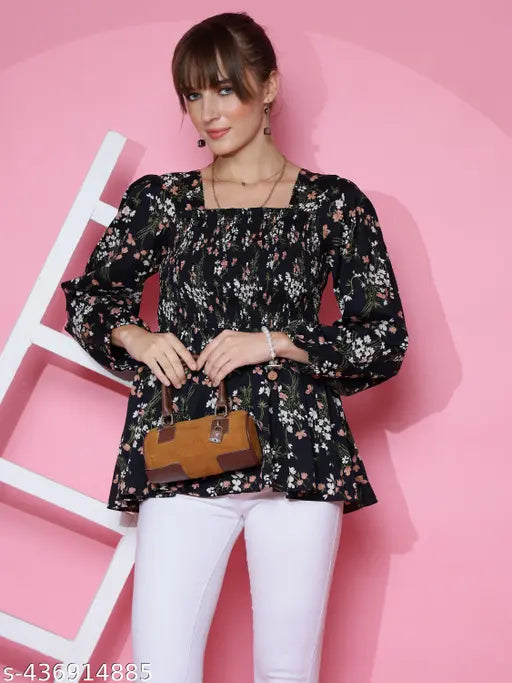 Women’s Floral Printed Crepe Peplum Top – Black, Long Sleeves