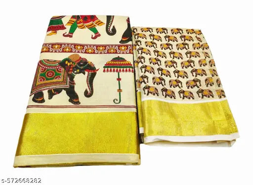 Onam Special Kerala Golden Tissue Saree | Pallakku Mural Print Kasavu with Running Blouse