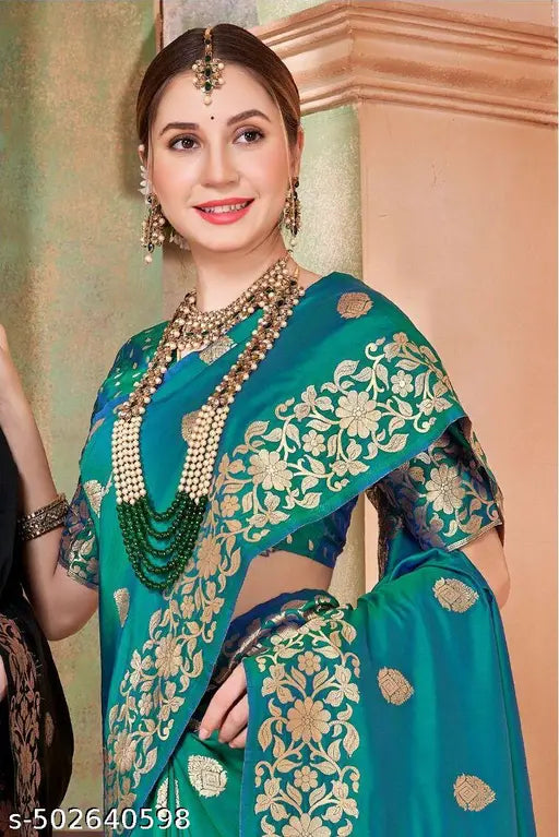 Rama Green Pure Banarasi Silk Saree – Handloom Floral Zari Work