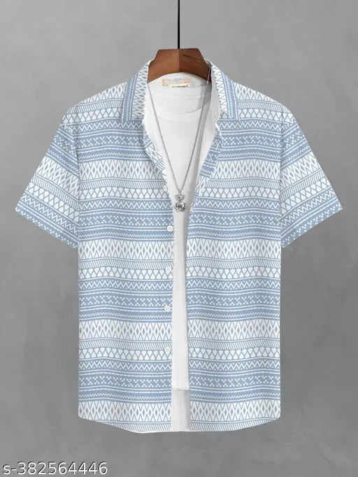 Men’s Regular Fit Horizontal Striped Cotton Blend Casual Shirt – Aqua Blue