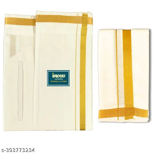 Onam Special Men’s Cotton Mundu with Pocket & Angavastaram Towel | Cream White with Jari Border