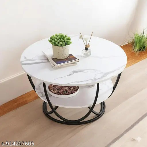 Luxury Round Marble Coffee Table | Black Metal Base Modern Center Table