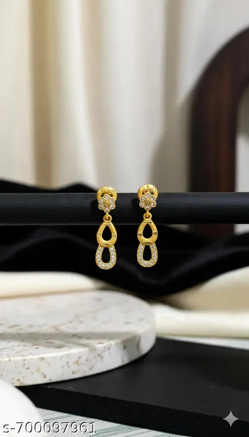 Premium Double Decker Gold Plated Earrings | Daily Wear CZ Chandelier Jewellery