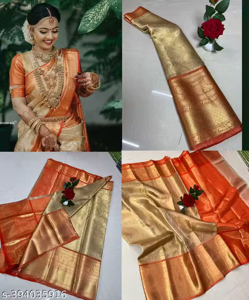 Stunning Kanchivaram Banarasi Tissue Saree – Orange Zari Woven Traditional Wear