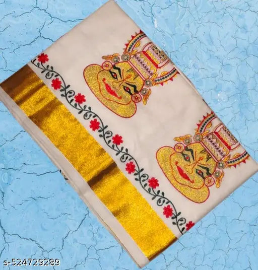 Onam Special Kerala Kasavu Saree | Full Embroidery Cotton Blend with Running Blouse