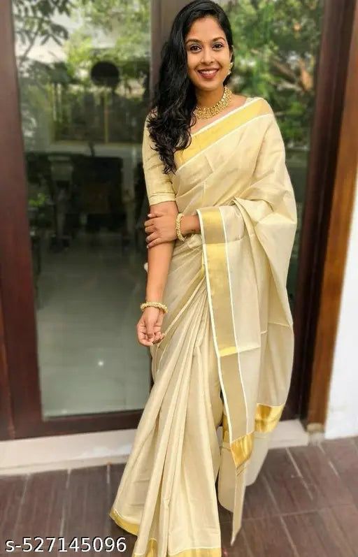 Onam Special Kerala Gold Tissue Cotton Saree | Kasavu Style with Zari Border