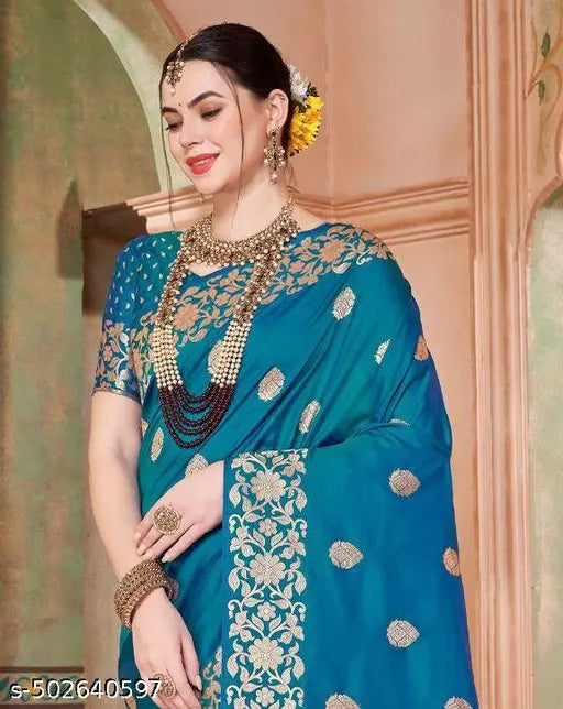 Sky Firozi Pure Banarasi Silk Saree – Handloom Floral Zari Work