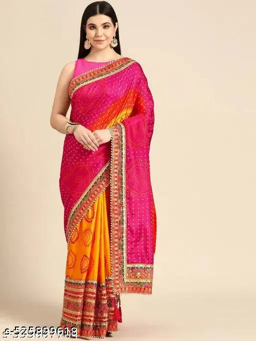 Orange Bandhani Dola Silk Saree – Traditional Print with Lace Border