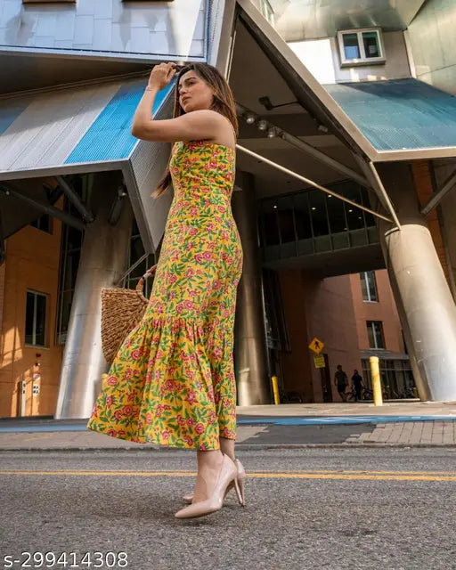 Women’s Printed Multicolor Dress – Sleeveless, Calf Length