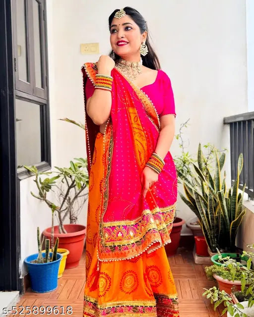 Orange Bandhani Dola Silk Saree – Traditional Print with Lace Border
