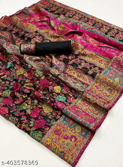 Black Jamewar Kashmiri Paithani Silk Saree – Heritage Handloom Weaving