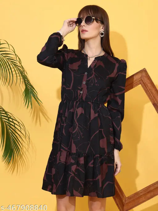 Women’s Floral Printed Fit & Flare Midi Dress with Mandarin Collar