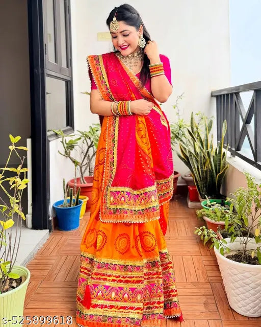 Orange Bandhani Dola Silk Saree – Traditional Print with Lace Border