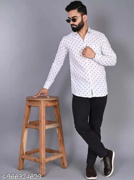 Men’s Slim Fit Printed Cotton Casual Shirt – White