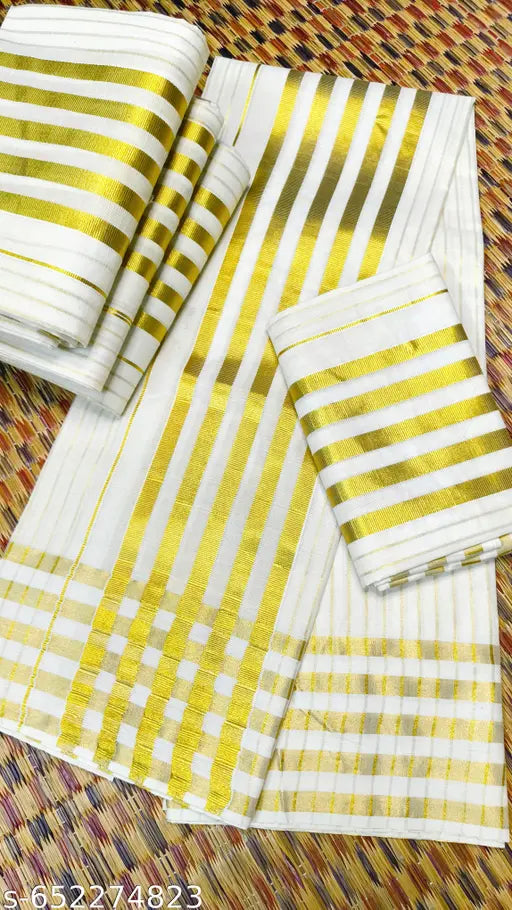 Onam Special Premium Kasavu Striped Set Mundu | Golden Border Kerala Festive Wear