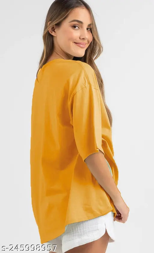 Oversized Cotton‑Blend Round Neck Printed T‑Shirt – Mustard