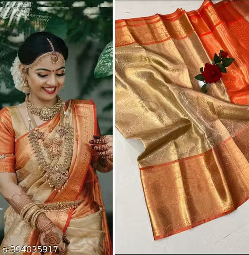 Stunning Kanchivaram Banarasi Tissue Saree – Orange Zari Woven Traditional Wear