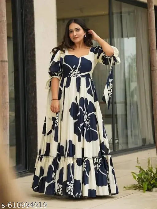 Women’s Floral Printed Puff Sleeve Maxi Dress – Blue & White, Crepe Inner