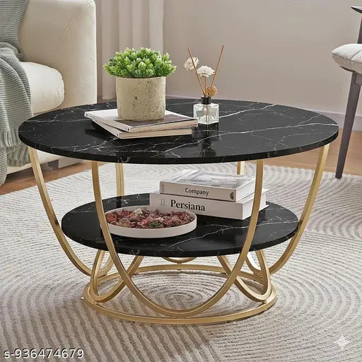 Round Coffee Table with Black Marble Top | Gold Metal Frame Accent Table