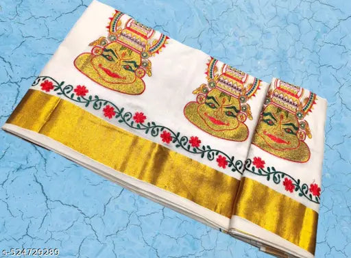Onam Special Kerala Kasavu Saree | Full Embroidery Cotton Blend with Running Blouse