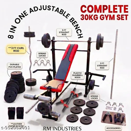 Premium 8‑in‑1 Multipurpose Fitness Bench Combo – 30kg PVC Plates & Accessories