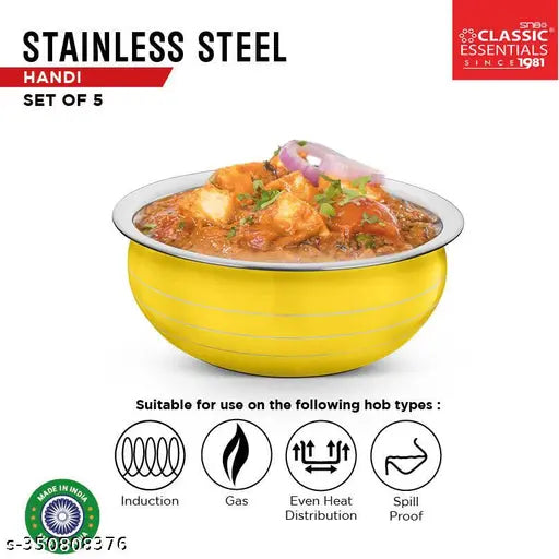 Premium Stainless Steel Handi Cook & Serve Set – Pack of 10