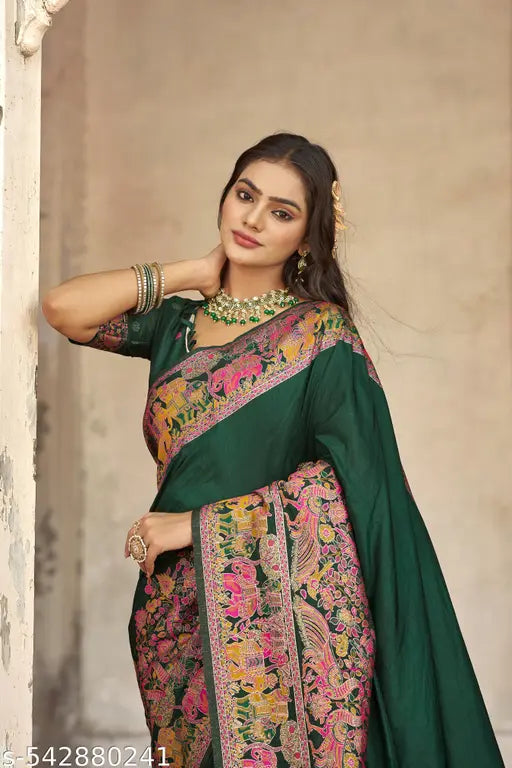 Dark Green Pure Dola Silk Handloom Paithani Saree