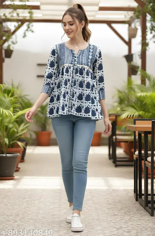 Women’s Jaipuri Printed Cotton Short Top – Navy Blue