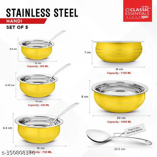 Premium Stainless Steel Handi Cook & Serve Set – Pack of 10