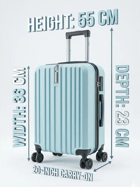 Light blue suitcase with dimensions labeled on a light gray background