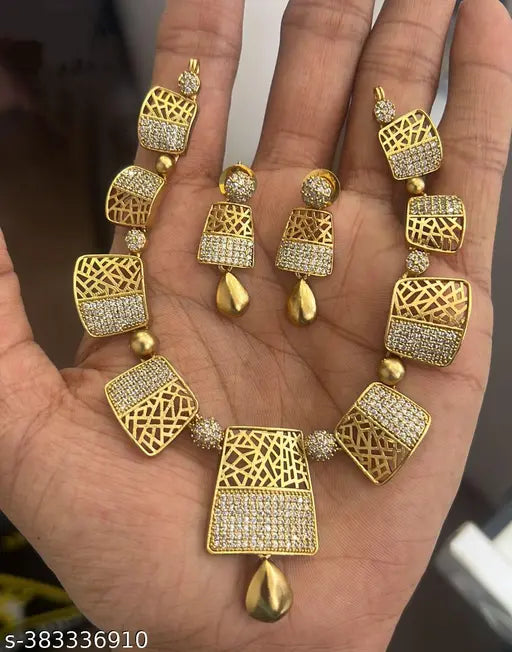 Premium Gold Plated Cubic Zirconia Geometric Necklace with Earrings