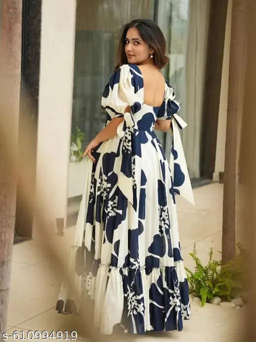 Women’s Floral Printed Puff Sleeve Maxi Dress – Blue & White, Crepe Inner