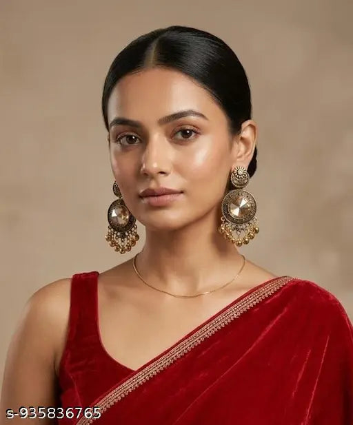 Antique Gold Alloy with Pearls & Glass Stone Ethnic Chandelier Earrings