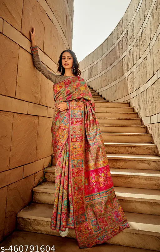 Pure Jamewar Kashmiri Modal Handloom Paithani Silk Saree – Minakari Floral Weaving Elegance