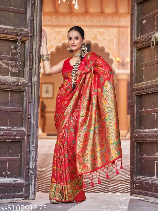 Kanchipuram Paithani Silk Saree | Red Handloom with Gold Zari Work