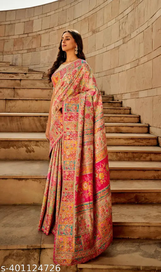 Cream Off‑White Pure Jamewar Kashmiri Modal Silk Saree