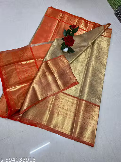 Stunning Kanchivaram Banarasi Tissue Saree – Orange Zari Woven Traditional Wear