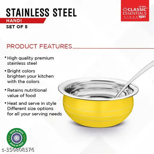 Premium Stainless Steel Handi Cook & Serve Set – Pack of 10